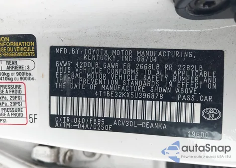 2005 Toyota Camry Le z USA, uszkodzony, nr VIN 4T1BE32KX5U396878
